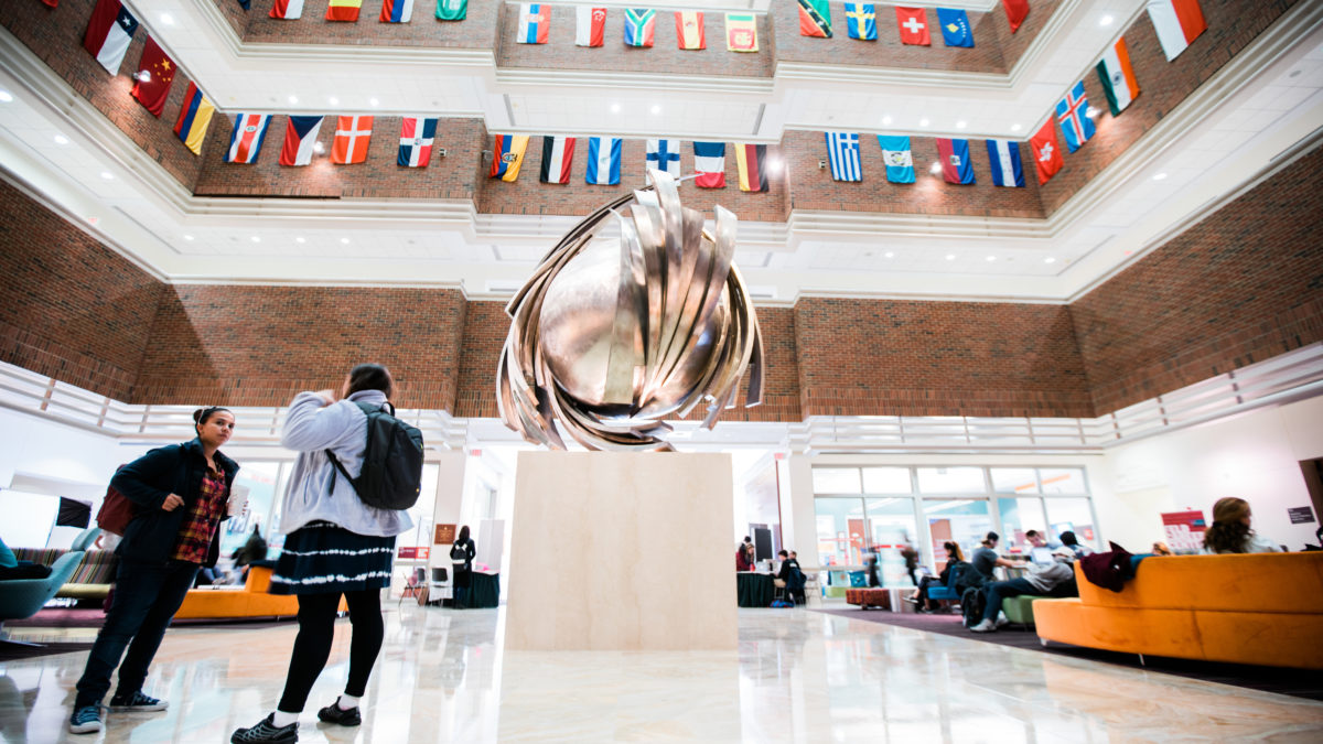 Boston University Questrom School of Business lobby international flags