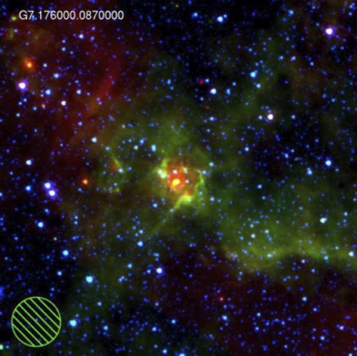 Bania These images show massive star formation regions (HII regions) discovered using NRAO's Green Bank Telescope as part of the HII Region Discovery Survey led by Professor Bania. The data in the images are from the Spitzer Space Telescope. The red channel shows emission from hot dust at a wavelength of 24 µm, the green channel shows the interface between the star forming region and the interstellar medium at 8 µm, and the blue channel primarily traces stellar emission at 3.6 µm. The circle in the lower left shows the resolution of the Green Bank Telescope. The object name is given in the top left corner.