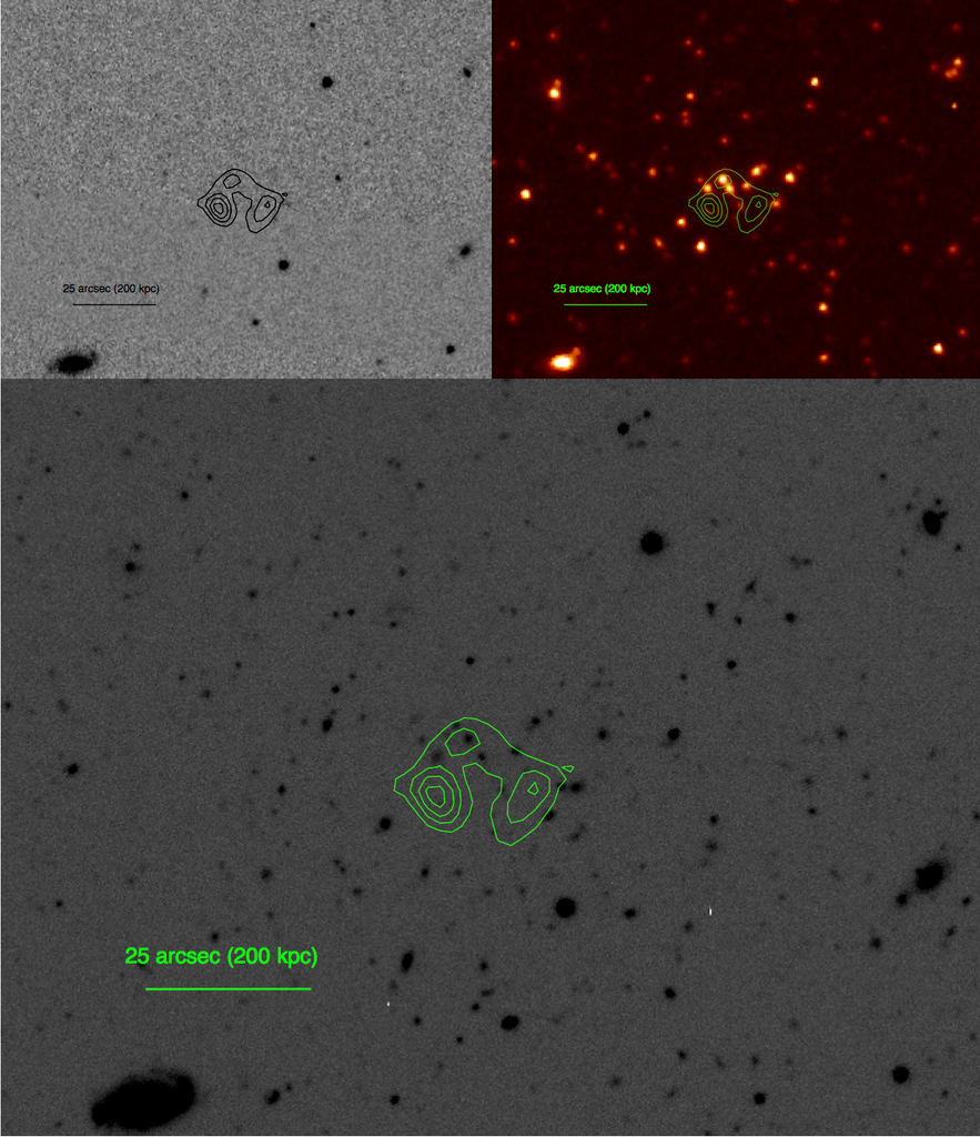 Galaxy Clusters Top left: Sloan Digital Sky Survey r-band image with 1.4 GHz radio contours superposed. Cluster galaxies are not detected to the limit of the SDSS. Top right: Infrared 3.6 um image of the same field from the Spitzer Snapshot program. The cluster is easily visible. Bottom: R-band visible-light image from the LMI at the Discovery Channel Telescope of the same field. The total exposure was 30 minutes, and the seeing was approximately 0.7 arcseconds. Visible-light observations combined with those in the infrared are important for estimating the redshifts, and therefore distances, of the clusters in our survey, as well as for studying the galaxy populations in detail. The cluster shown is at a redshift of 0.96.