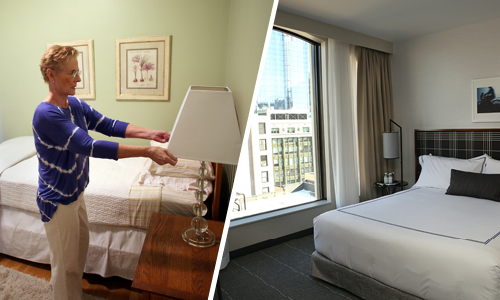 Left: Boston-area Airbnb hosts prepares her spare room for rent Right: A suite at the Godfrey Hotel, a recent addition to Boston's hotel offerings. Photo Sources: Getty Images