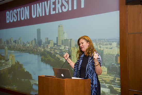 Nicole Hurd, Founder and CEO of College Advising Corps announces that BU is becoming a "partner university" to the College Advising Corps September 28, 2015 at the Sherry and Alan Leventhal Center