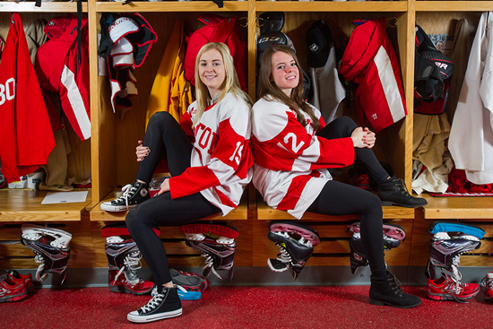 Forward right wing Rebecca Leslie (Questrom'18), left, and forward center Victoria Bach (CGS'18) of BU women's ice hockey players.