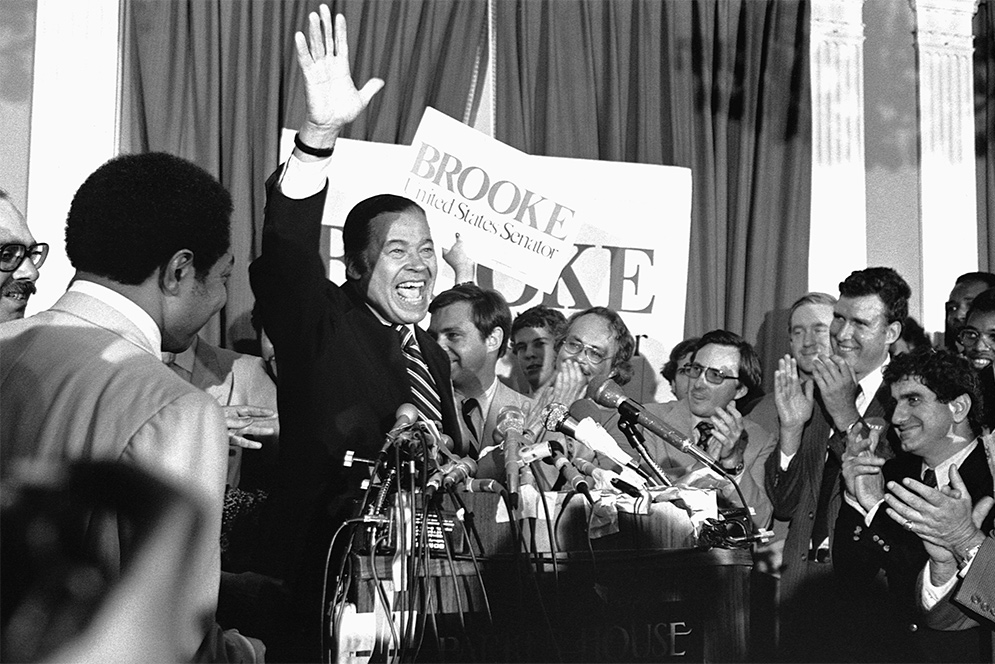 Republican Senator Edward W. Brooke of Massachusetts celebrates after winning renomination for Senate in 1978