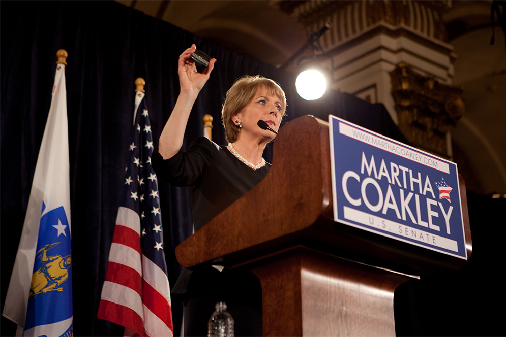 Martha Coakley speaks at a rally with President Bill Clinton during her campaign for U.S. Senate in 2010