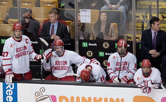 The BU men's hockey team reacts to losing the 65th Annual Beanpot final to Harvard
