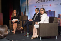 Sue Siegel (from left), CEO of GE Ventures and healthymagination, Sandro Galea, Robert A. Knox Professor and SPH dean, and Monica Valdes Lupi (SPH’99), executive director of the Boston Public Health Commission, at the SPH Dean’s Symposium Building Healthy Cities: Boston and Beyond, on April 5.