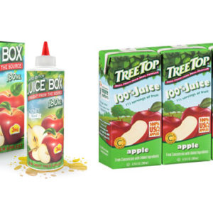 Composite image showing liquid nicotine vape juice packaging that looks like a child's juice box compared to actual apple juice juice boxes.