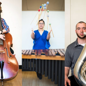 BU music students pose with the oversized instruments they play.