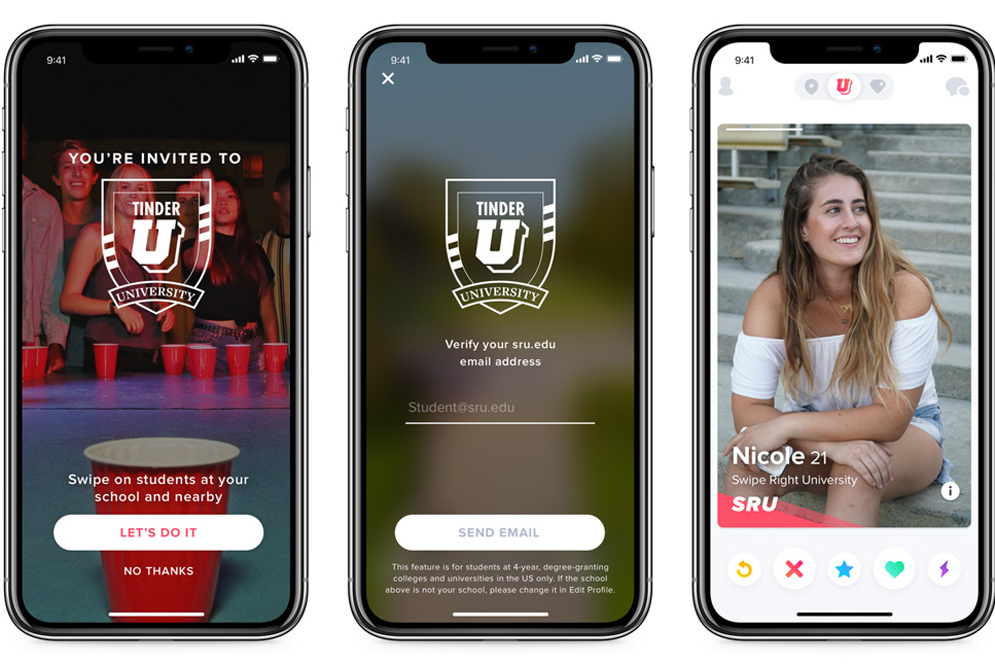 Screenshots of the new Tinder U app