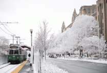 The MBTA Green Line in winter, at Bay State Rd, Kilachand Center, and Marsh Plaza