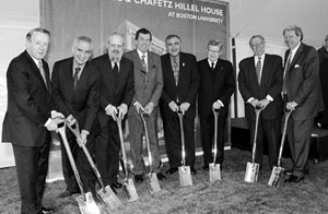 Wielding silver spades at the Hillel groundbreaking were (from left) lead donors Leonard Florence and Irwin Chafetz, Rabbi Joseph A. Polak, Edgar M. Bronfman, Richard M. Joel, Hillel president and international director, John Silber, Jon Westling, and Richard B. DeWolfe. Photo by Fred Sway