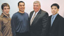 Jeffrey N. Babcock, CFA dean, presented this year's Kahn Career Entry Awards to (from left) Daniel Zaitchik, Joseph Marino "Jomar" Statkun, and Daniel Han at a May 17 cocktail reception for CFA alumni celebrating 25th and 50th reunions. The winners each receive cash awards of $15,000. Established in 1985 by benefactor Esther B. Kahn (SED'55, Hon.'86), the award is given to exceptional undergraduate and graduate students from CFA's schools of music, visual arts, and theatre arts. Zaitchik, who received a B.F.A. in theatre arts, will use his award to attend voice workshops in Turkey this summer and to record a musical theatrical work he began at CFA. Statkun, who received an M.F.A. in painting, will take up residence at the Anteneo Gallery in Manila, where he will explore his Filipino heritage, study contemporary art, and nurture a more expansive dialogue between young artists in Asia and America. Han, who previously received his bachelor's and master's in music from CFA studying violin with Roman Totenberg, earned an artist diploma in performance this spring. He will use his grant to engage in international violin competitions in Italy, Germany, and Japan. Photo by Fred Sway