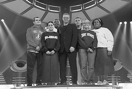 Terrier link: a special college week of the syndicated game show Weakest Link featured students from across the country, including Boston University, vying for the title of “strongest link” while host George Gray (center) set out to find if they’ve been keeping up with their schoolwork. Greg Ingalsbe (CAS’04) (back row, right) competed against students from Jackson State University, the University of Delaware, Kent State University, the University of Nevada at Reno, and Youngstown State University. Photo courtesy of Weakest Link Productions