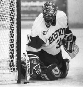 The puck stops here. Goalie Sean Fields (CAS’04) stares down at one of the 36-of-38 shots he turned aside in a dramatic come-from-behind Terrier win against UMass-Lowell in front of over 2,000 fans at Brown Arena on November 21. Photo by Phoebe Sexton (UNI’06)