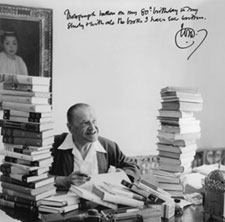 The British author W. Somerset Maugham (1874–1965) was remarkably prolific, publishing 20 novels, 13 short story collections, and 24 plays, as well as several travel books, memoirs, and essay collections. He is pictured here on his 80th birthday, surrounded by all his books. An important archive of Maugham’s papers, including original manuscripts and hundreds of personal letters, was acquired recently by BU’s Special Collections from Loren and Frances Rothschild. Photo by Jack Eston