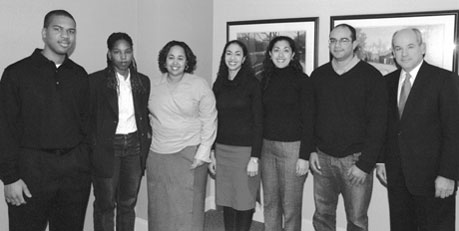 Recipients of Martin Luther King, Jr., fellowships and the Whitney M. Young, Jr., fellowship, which were awarded in fall 2002, are (from left) Dominick Coleman (MED’06), Whitney Young Fellow Natoschia Scruggs (GRS’06), Shawnee Basden (GRS’07), Susan Moore (GRS’08), Maggie Khalil (SAR’03), and Michael Foster (ENG’04), who is standing next to Provost Dennis Berkey. The King fellowships, in memory of Martin Luther King, Jr. (GRS’55, Hon.’59), assist outstanding African-American students in their graduate studies by covering tuition costs and providing a stipend for living expenses. The Young fellowship is given to an entering or continuing African-American graduate student who has demonstrated academic proficiency in a field related to race relations or urban problems. The fellowship includes a full scholarship for a year, as well as a stipend for living expenses. Photo by Kalman Zabarsky