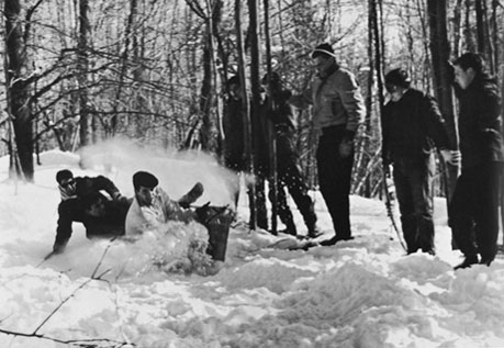 Man powder: BU students from the 1960s enjoy their Winter Carnival Weekend at what was then known as Sargent Camp, proving that the decade’s college-goers did more than just protest. They participated, according to the 1963 Hub yearbook, in such activities as “skiing, ice-skating, snow-sculpting, tobogganeration, queen-crowning, hiking, and singing . . . euphoria.” Sargent Center’s winter camp for 10- to 17-year-olds takes place January 18 through 20. The center’s 2003 Winterfest will be held January 24 through 26. See Calendar for more information.