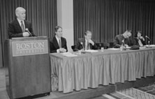 CAS International Relations Professor Andrew Bacevich introduces participants in a March 4 panel discussion at BU entitled War in Iraq: Justified? Seated (from left) are David Mayers, a CAS political science professor and chairman, Robert Zelnick, a COM journalism professor and chairman, Richard Landes, a CAS history associate professor, and Betty Zisk, a CAS political science professor. Photo by Vernon Doucette