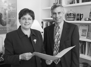 Sharon Prado, executive director of the Center for Excellence in Teaching, and Alan Marscher, a CAS astronomy professor and the center's new academic director, this year will create and online, University-wide teacher evaluation system and offer new resources to graduate teaching fellows. Photo by Kalman Zabarsky