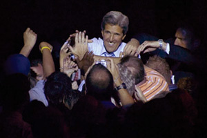 Kerry greets supporters at a rally at the FleetBoston Pavilion on July 12. Photo by Thomas Starkweather