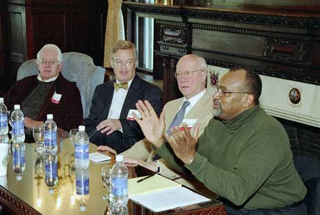 Brainstorm. A group of alumni and parents gathered at The Castle on October 28 to hear prominent BU professors discuss the future of liberal arts education. Hosted by Arts and Sciences Dean Jeffrey Henderson, William Goodwin Aurelio Professor of Greek Language and Literature and general editor of the Loeb Classical Library, the forum consisted of (from left) Sheldon Glashow, Nobel laureate in physics, UNI professor, and Arthur G. B. Metcalf Professor of Physics, Henderson, Christopher Ricks, esteemed literary critic, William M. and Sara B. Warren Professor of the Humanities, and University of Oxford Professor of Poetry, and Glenn Loury, a UNI professor and CAS professor of economics. They described their work as researchers and teachers, fielded questions from audience members, and discussed the importance of a liberal arts education in developing such essential intellectual attributes as numeracy and cultural literacy. Photo by Kalman Zabarsky