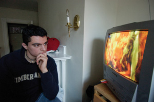 Jeff Soto (ENG08) watches the show Star Academy on the Lebanese Broadcasting Corporation from his room on Bay State Road. You can see things directly and pretty much feel like youre there, he says. Photo by Kalman Zabarsky