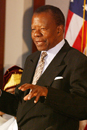 Sir Ketumile Masire, former president of Botswana and the current Balfour African President-in-Residence at BU, speaks at a press conference concluding the African Presidential Roundtable 2005. Photo by Vernon Doucette