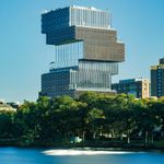 New Data Sciences building at Boston University from across the Charles River