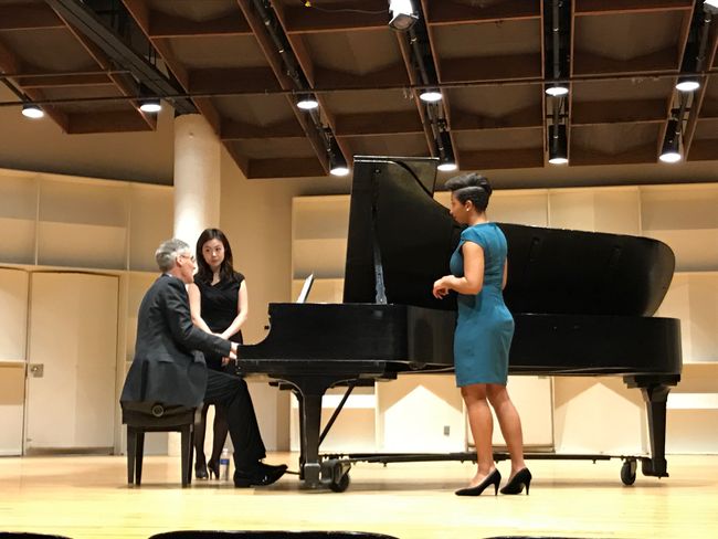 Wee Kiat Chia, countertenor, and Nomin Samdan, piano, get advice from Roger Vignoles in New England Conservatory's Brown Hall. February 27, 2017.