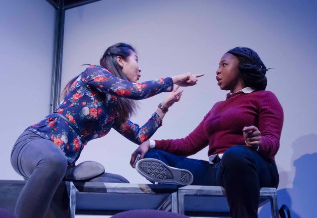 2/9/16 Boston Center for American Performance and New Repertory Theatre present BALTIMORE, A BU New Play Initiative Production by Kirsten Greenidge - Directed by Elaine Vaan Hogue - After she’s dismissed from her job in the athletics department, Shelby Wilson becomes Resident Advisor to a group of freshmen—after all, it’ll look good on her resume. She soon discovers that a racially charged incident has set student against student, and it’s up to her to mediate the situation. In this world premiere production, playwright Kirsten Greenidge explores the complexities of racism from the perspective of eight culturally diverse college students. Boston University Theatre, 264 Huntington Ave. (Lane-Comley Studio 210) 2016-02-09-BALTIMORE_066.nef - Photograph By Kalman Zabarsky