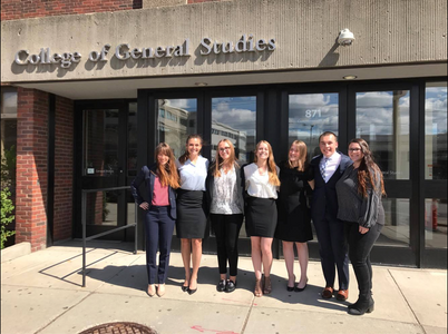 Left to right: Sara Mannes (CGS'17, CAS'19), Amanda Brancato (CGS'17, COM'19), Samantha Faden (CGS'17, SAR'19), Victoria Fox (CGS'17, CAS'19), Emma Johnson (CGS'17, COM'19), Steven Silvio (CGS'17, COM'19), Sabrina Knap (CGS'17, CAS'19)