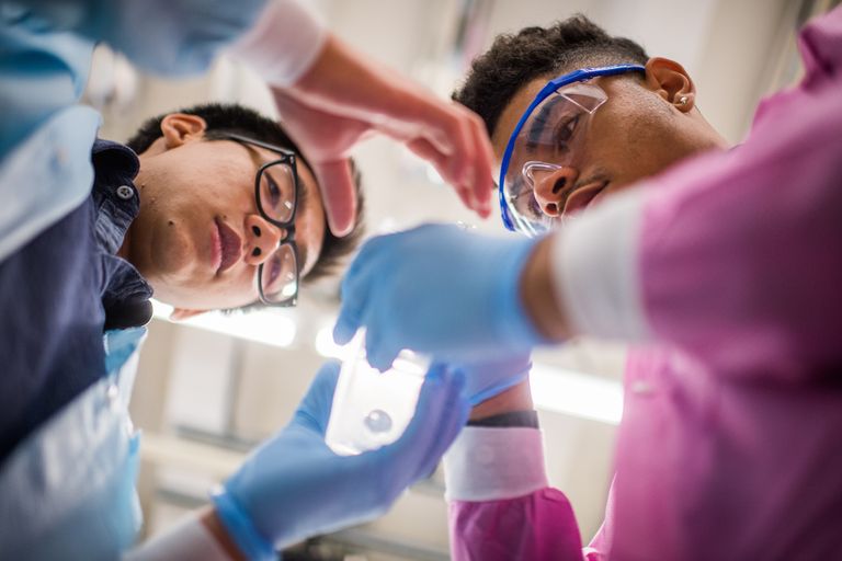 Lab research student and professor looking at slides image