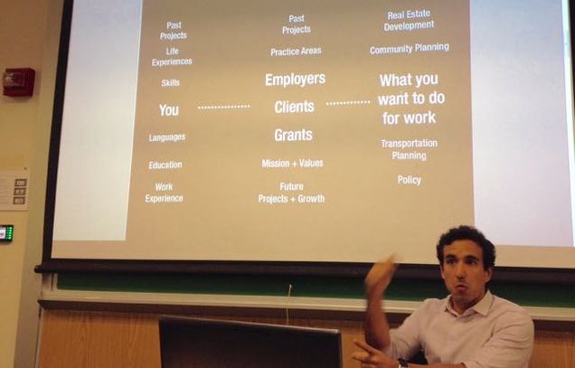 David Valecillos (MET'14) illustrates a conceptual career pathway at the Portfolios for Planners Workshop