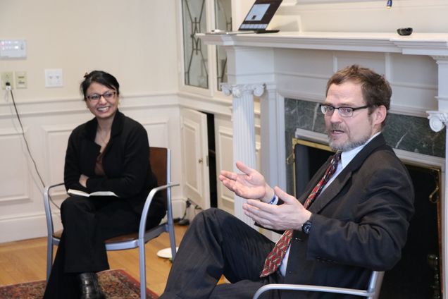 BU City Planning and Urban Affairs' Dr. Madhu Dutta-Koehler moderates a discussion with Cambridge City Councilor Craig Kelley at the Initiative on Cities.