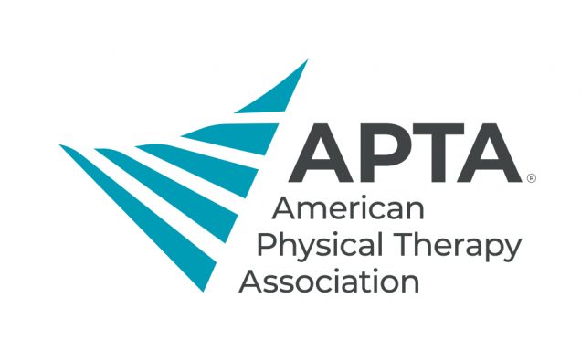 APTA updated logo with triangular shape of teal slats on the left and words APTA and American Physical Therapy Association on the right in black text