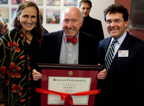 bud collins legendary personality writer dead tv degree master his bu dean anita fiedler poses finally tom wife hand