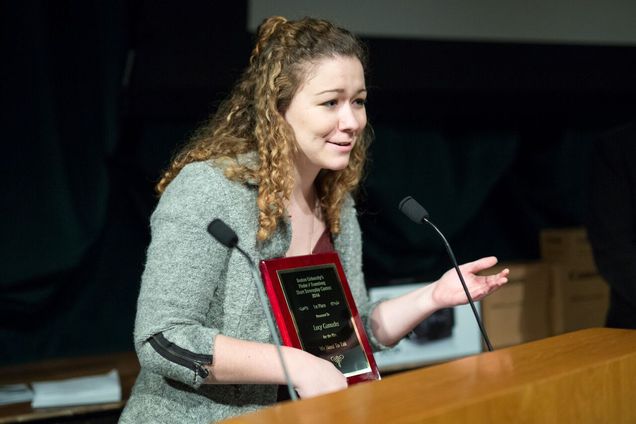 Lucy Gamades (COM'18) addresses the audience after receiving first place in the Fleder-Rosenberg short screenplay contest