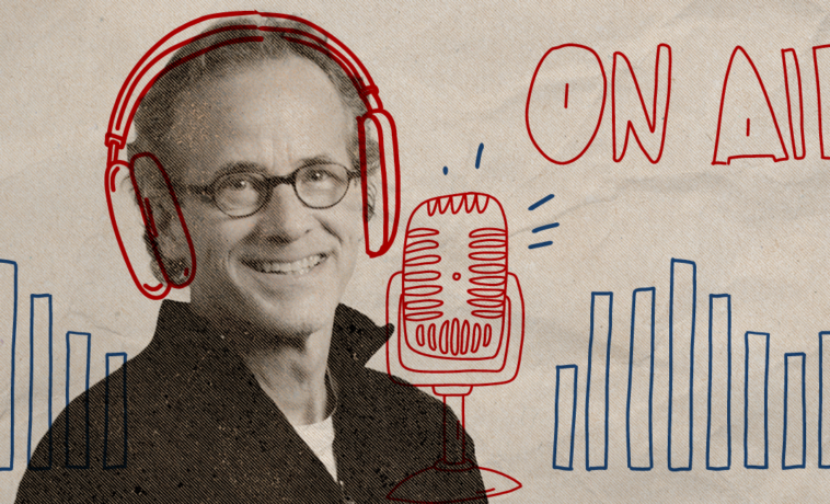 Photo illustration of Dick Lehr wearing hand-drawn headphones next to a microphone.