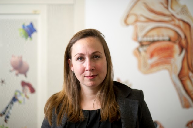 ara Stepp, an assistant professor of speech, language & hearing sciences, is the first to study relative fundamental frequency (RFF) in individuals with vocal hyperfunction. Photo by Cydney Scott