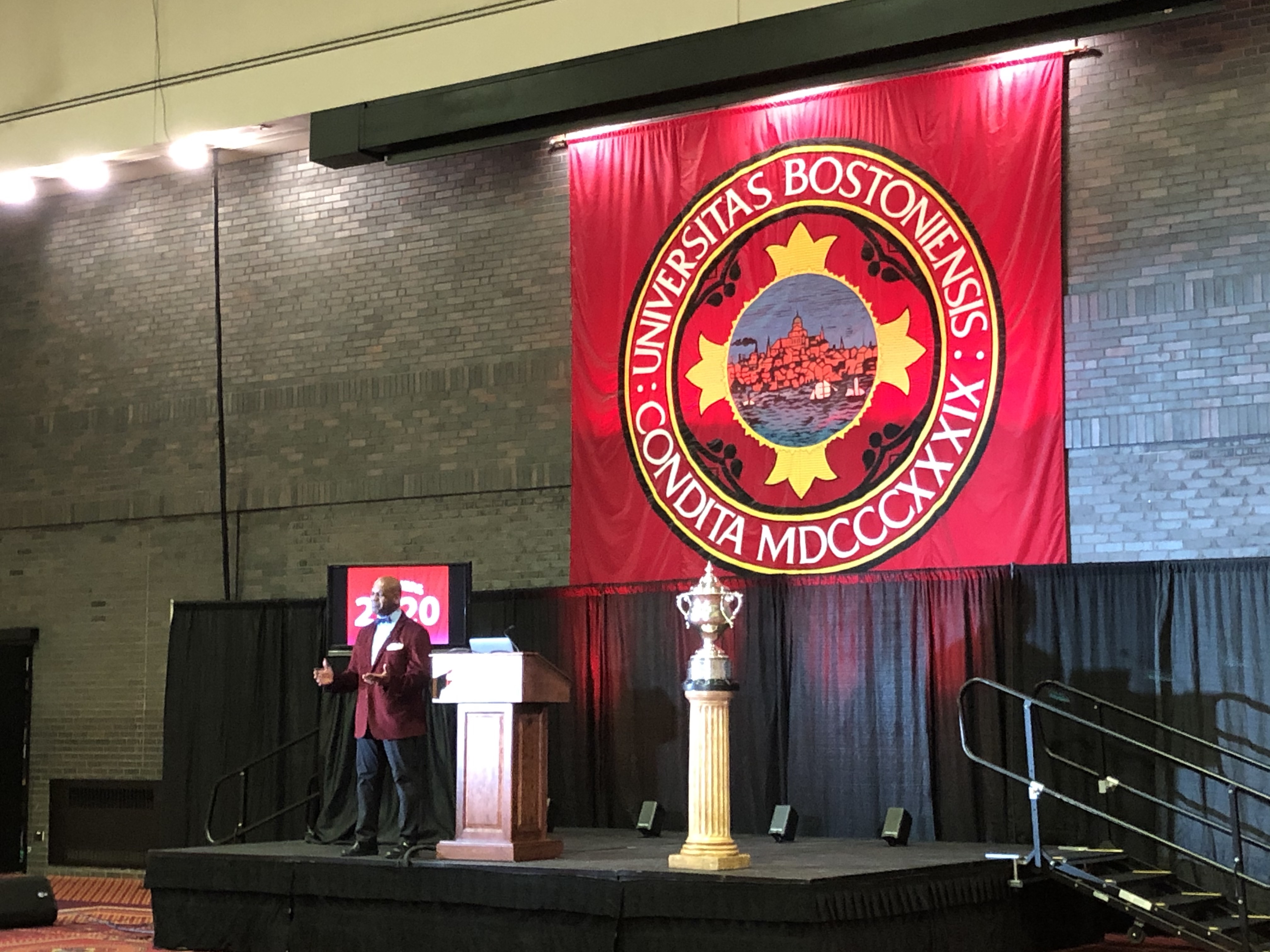 Dean Elmore rehearsing for Boston University Senior Breakfast 2020