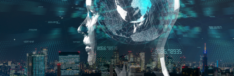 Banner showing a city and, superimposed above it, a human head in profile, with a globe, numbers and other text visible through and behind.