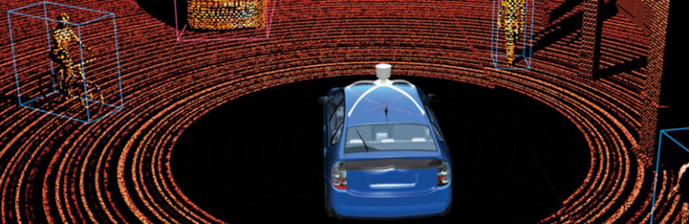 Banner showing an image of a car surrounded by rings and holographic images of a cyclist, another car, a pedestrian, etc.