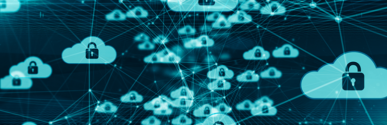 Banner showing little cartoon clouds with padlocks at their centers, and the lines and dots of a network behind them.