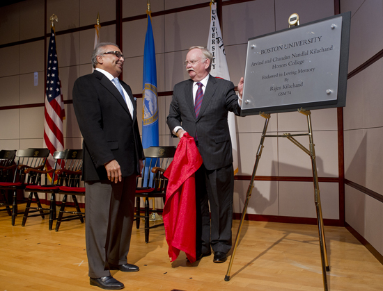 Rajen Kilachand and BU President Robert A. Brown, Arvind and Chandan Nandlal Kilachand Honors College