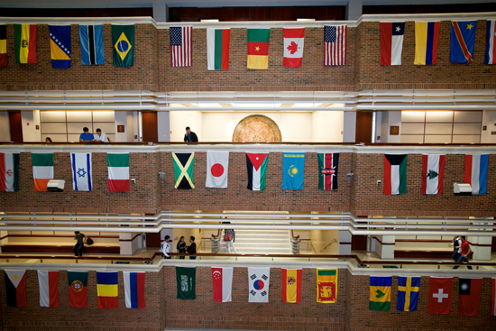 Flags from around the world in the BU SMG atrium.