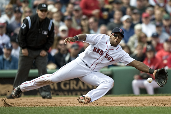 Boston University, BU Today - Former Boston Red Sox third baseman, Adrian Beltre, makes a diving catch. Photo by Michael Ivins