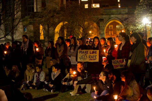 Take Back the Night rally against sexual violence, Marsh Plaza, Boston University