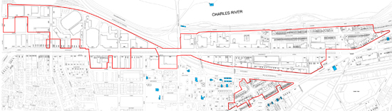 Map showing area of Boston University BU Charles River campus covered by Boston University Police Department BUPD