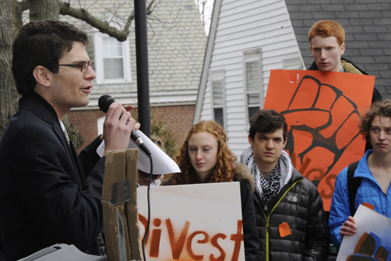 Benjamin Thompson speaks at Tufts Divest March Forth for Climate Justice rally, Divest BU, Boston University student groups organizations, college and university campus fossil fuel divestment movement, divest university endowments from fossil fuel investments, climate change action
