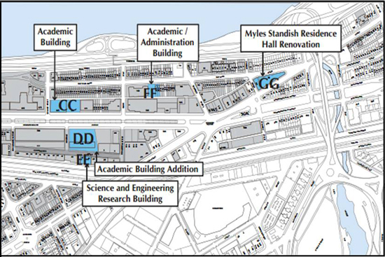 BU’s Institutional Master Plan outlines a series of major projects, from academic buildings to student housing to pedestrian malls. Image courtesy of Boston Redevelopment Authority